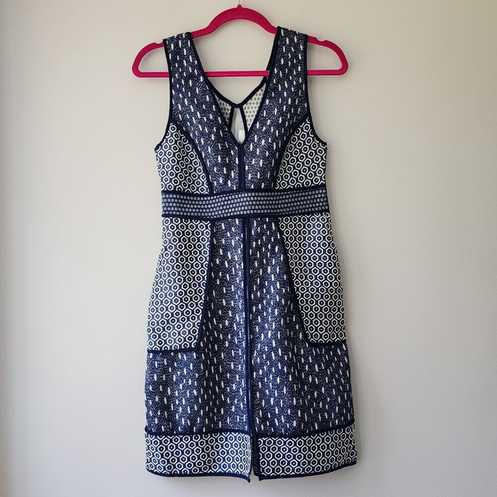 H&M Mixed Media Sheath Dress | Size 4 | Blue White Jacquard Princess Seams